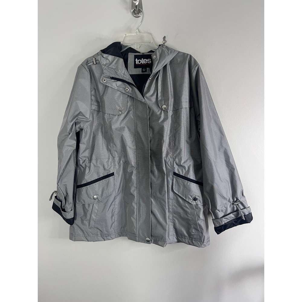 Totes Womens Rain Jacket Black White Micro Check Hooded Full Zip Size L